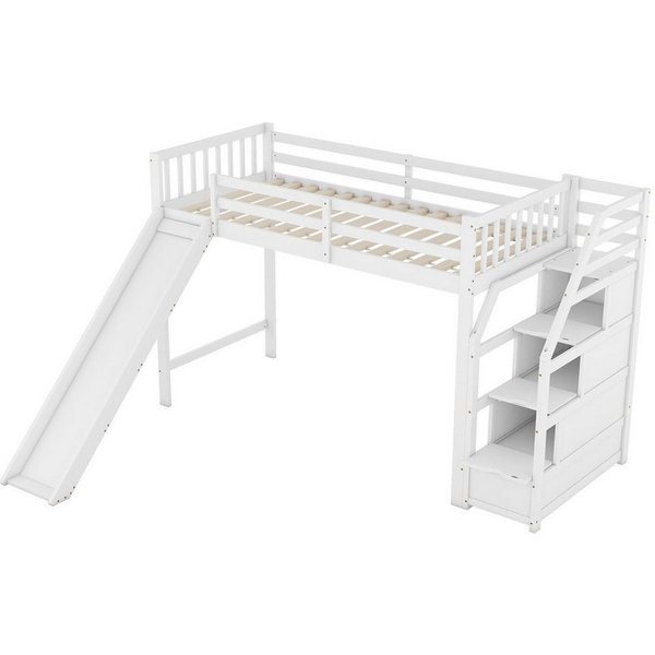 EXTSUD Hochbett 90x200 cm – Kinderbett mit Rutsche, Ablageleiter, weiß