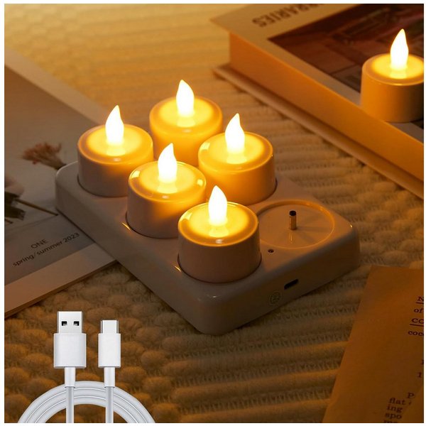 EXTSUD LED-Kerze LED Teelichter Aufladbar 6er Set mit Ladestation, Flackernde, Warmweiß