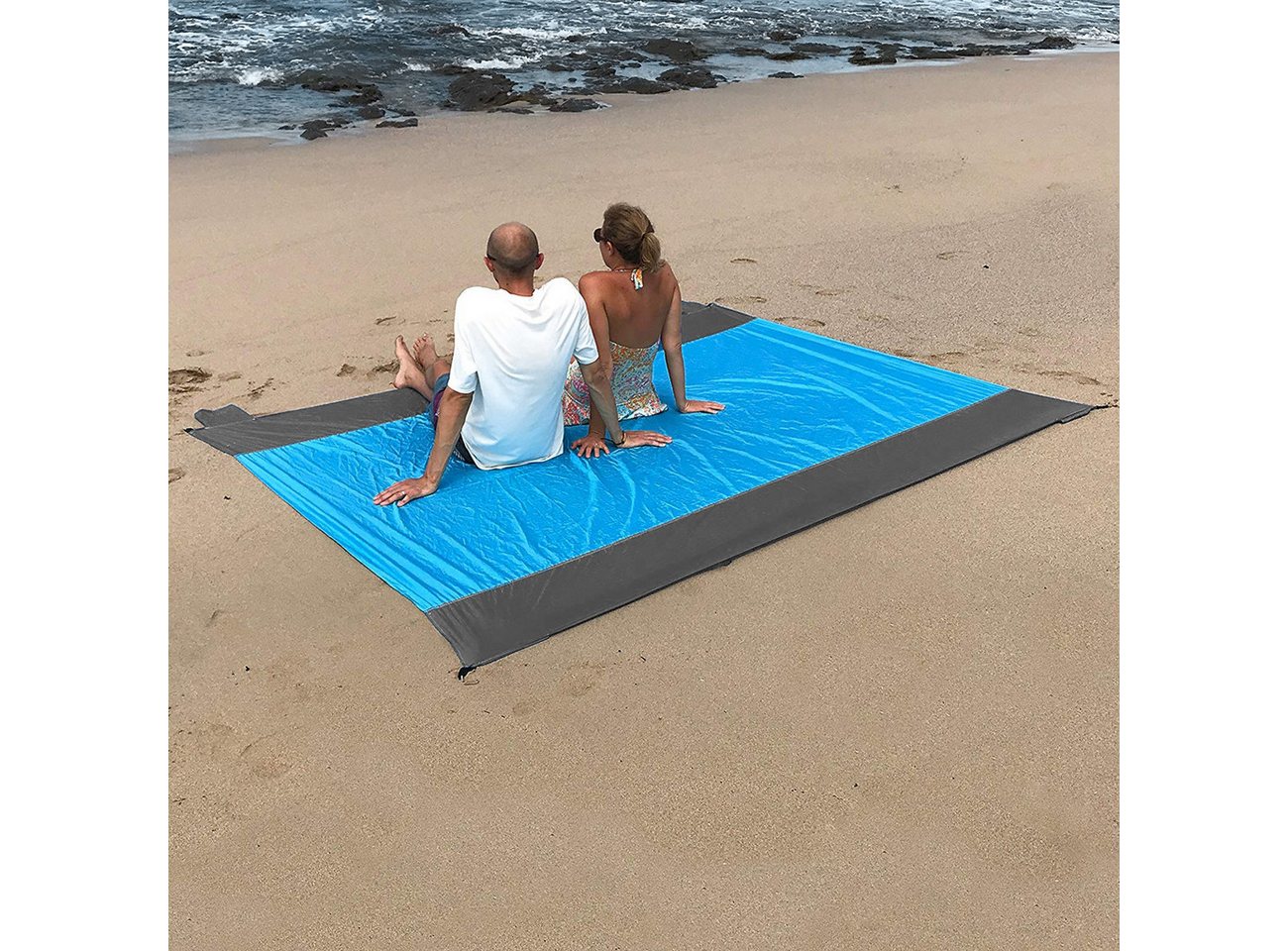 Picknickdecke Stranddecke 210 x 200 cm, Ultraleicht Verschleißfest Nylon Strandtuch, EXTSUD, Wasserdicht und sandabweisend strandmatte mit 4 Befestigung Ecken – Bild 2 von 5