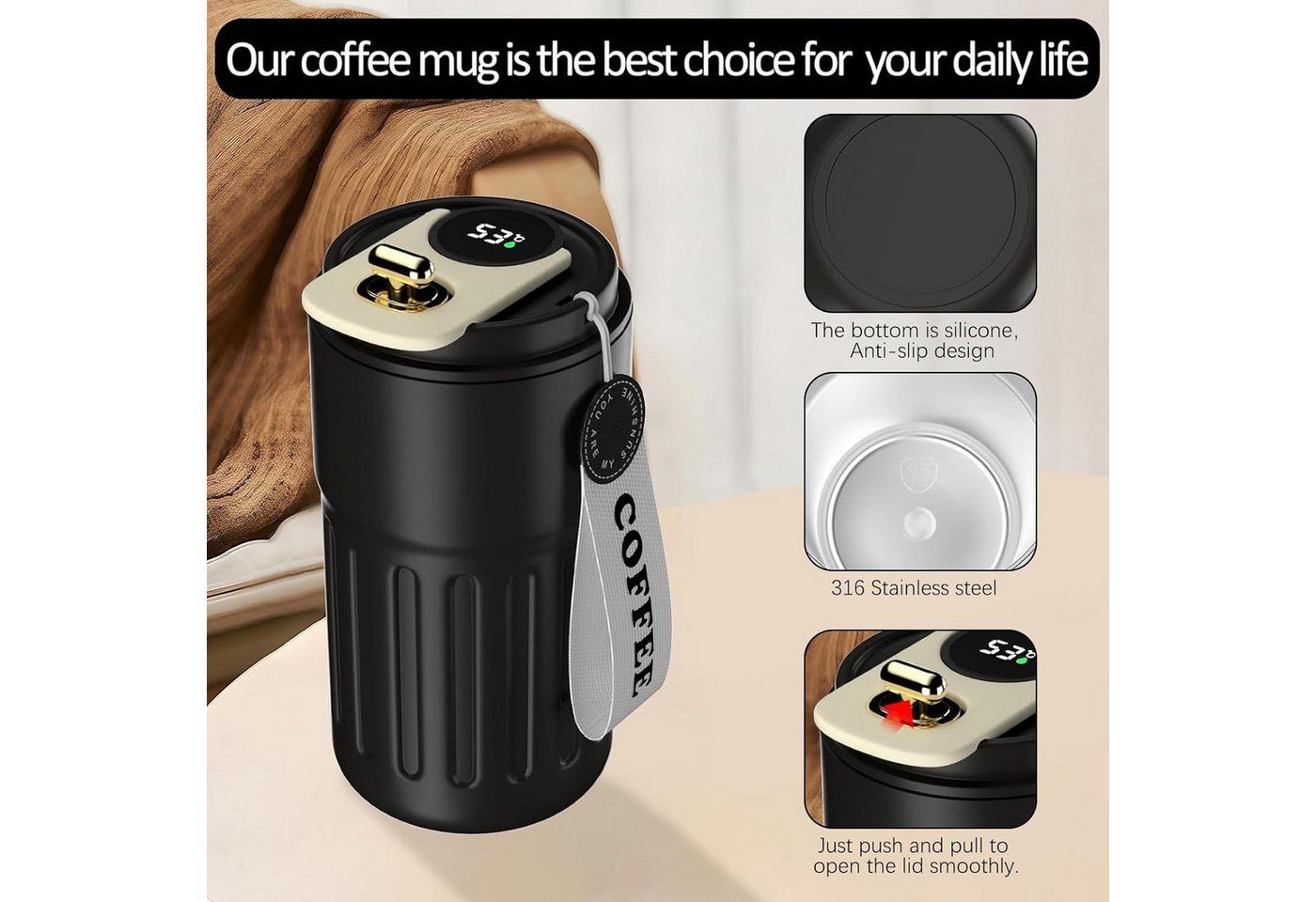 EXTSUD Thermobecher 410ml 316 Edelstahl Kaffeebecher, Digitalanzeige Thermobecher, 316-Edelstahl und Keramik, Travel Coffee Mug, Isolierter auslaufsicher Termok – Bild 3 von 5