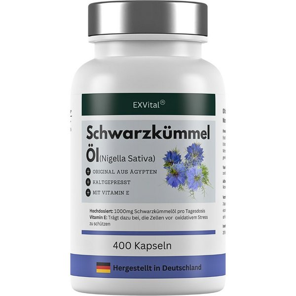 Schwarzkümmelöl kaltgepresst, ägyptisch, naturbelassen, mit Vitamin E Softgel Kapseln, 400 St., 280 g