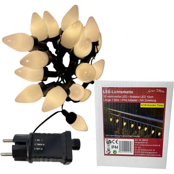 F-H-S International LED-Lichterkette, Party Tropfenform 1,9m warmweiß 6/18h Timer