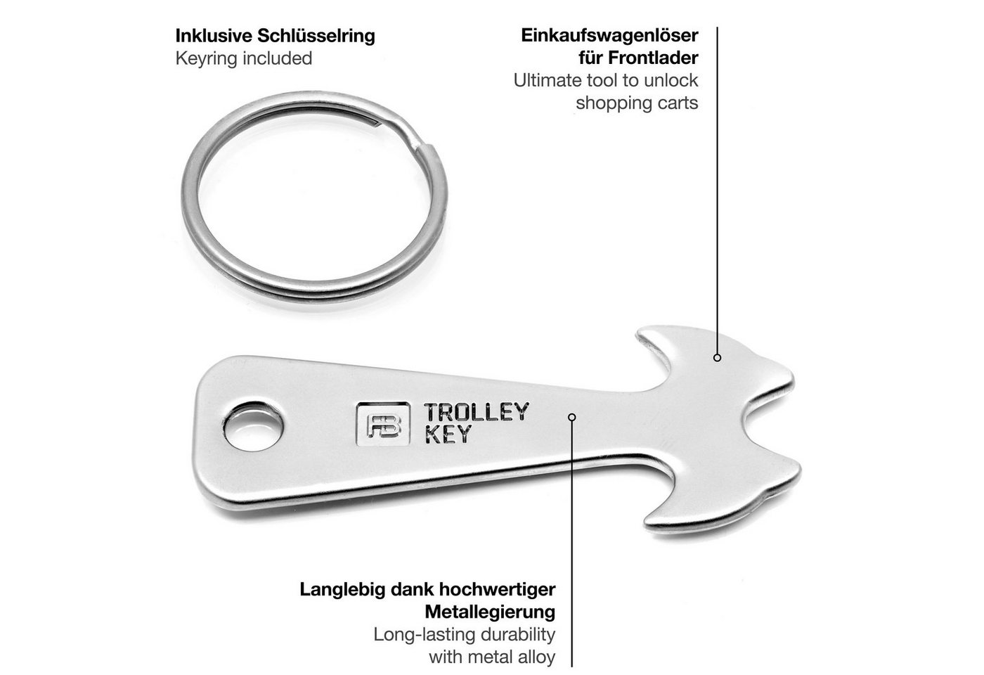 FABACH Schlüsselanhänger Trolley Key Silber Einkaufswagenlöser - Einkaufswagenchip Einkaufschip (2-tlg) – Bild 2 von 5