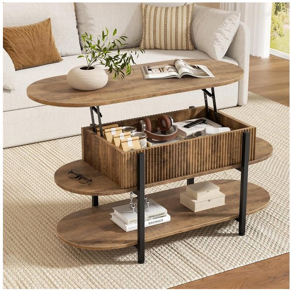 FABATO Couchtisch oval, höhenverstellbar mit verstecktem Stauraum, 3-Etagen-Design (1-St), 105.9×45×50-63.5cm, natur
