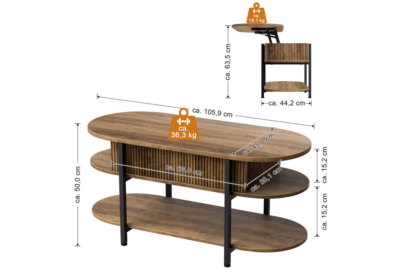 FABATO Couchtisch oval, höhenverstellbar mit verstecktem Stauraum, 3-Etagen-Design (1-St), 105.9×45×50-63.5cm, natur – Bild 2 von 5