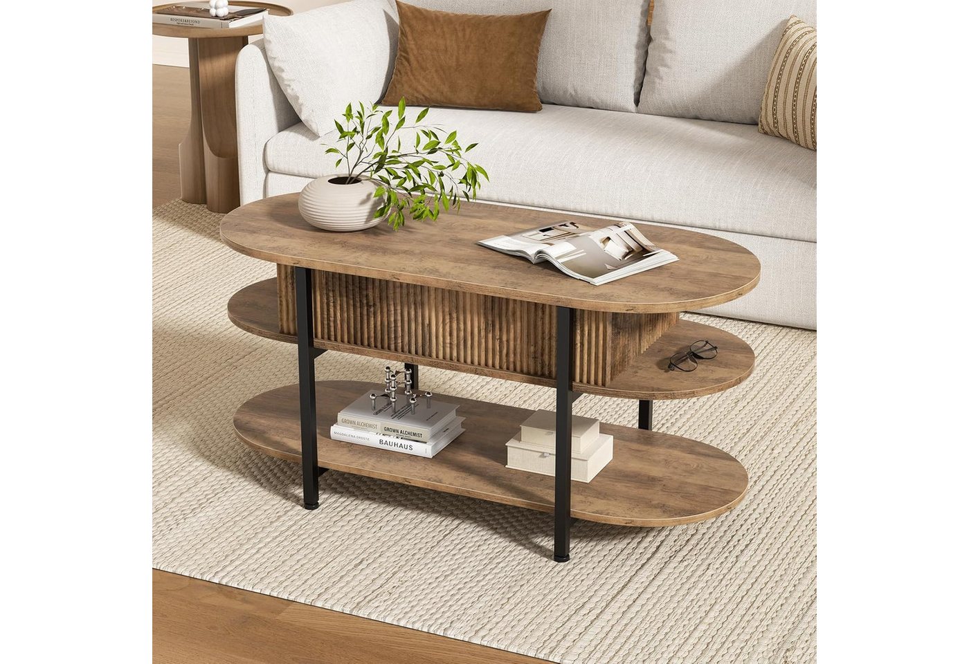 FABATO Couchtisch oval, höhenverstellbar mit verstecktem Stauraum, 3-Etagen-Design (1-St), 105.9×45×50-63.5cm, natur – Bild 3 von 5