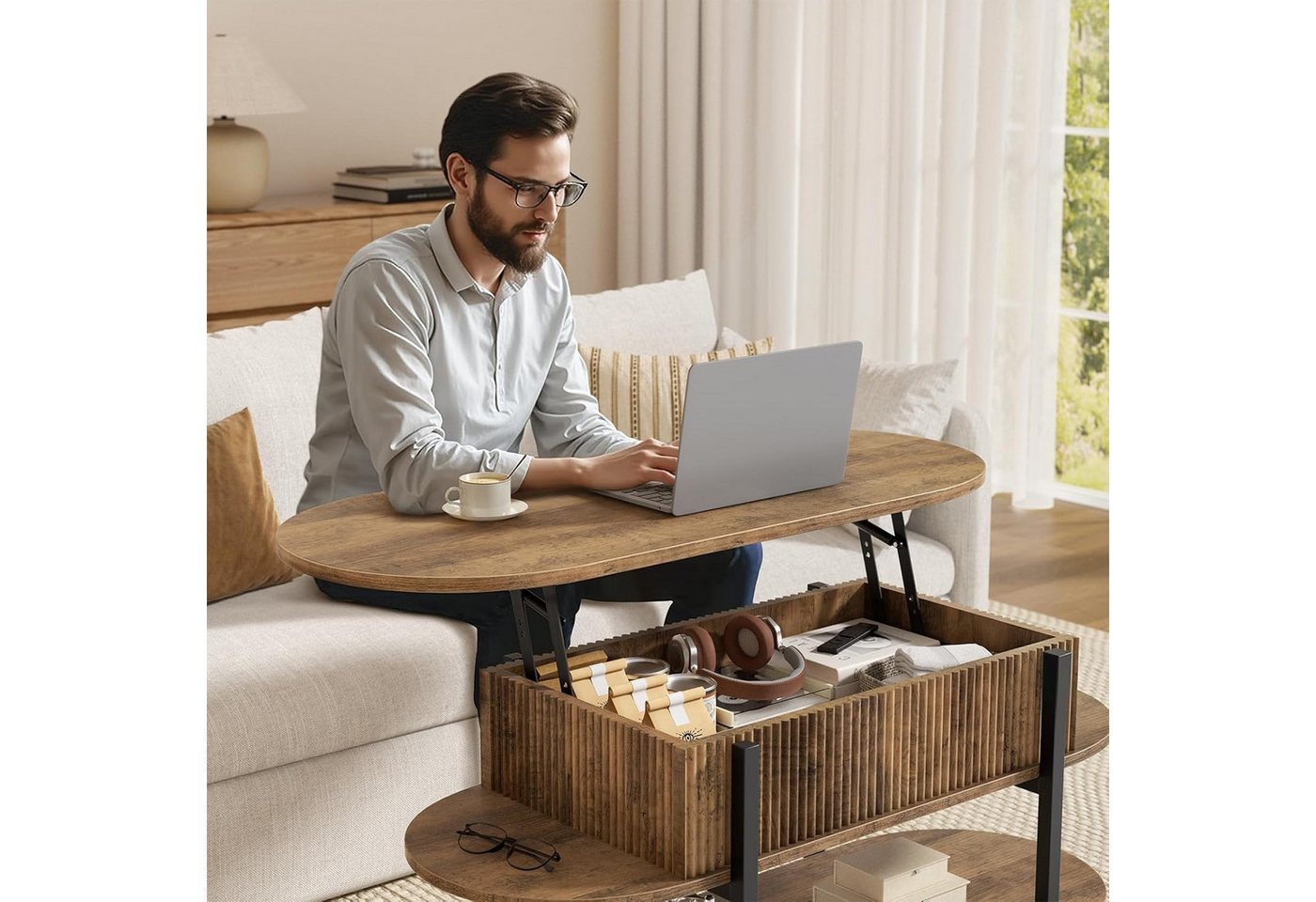 FABATO Couchtisch oval, höhenverstellbar mit verstecktem Stauraum, 3-Etagen-Design (1-St), 105.9×45×50-63.5cm, natur – Bild 4 von 5