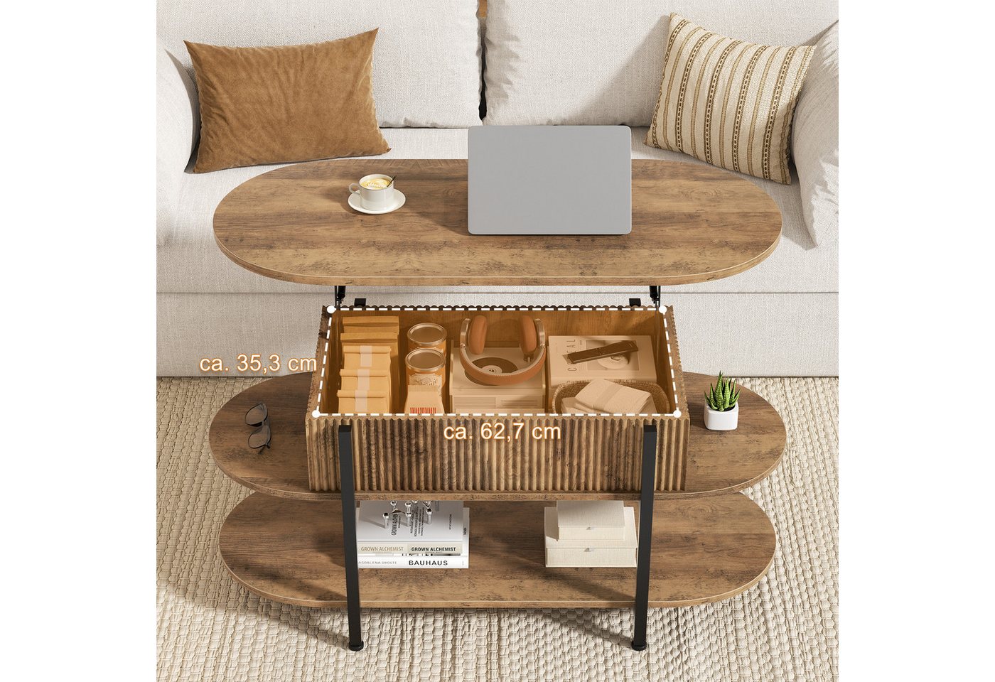 FABATO Couchtisch oval, höhenverstellbar mit verstecktem Stauraum, 3-Etagen-Design (1-St), 105.9×45×50-63.5cm, natur – Bild 5 von 5