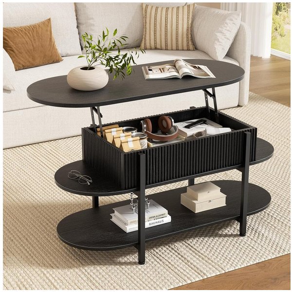 FABATO Couchtisch oval, höhenverstellbar mit verstecktem Stauraum, 3-Etagen-Design (1-St), 105.9×45×50-63.5cm, schwarz