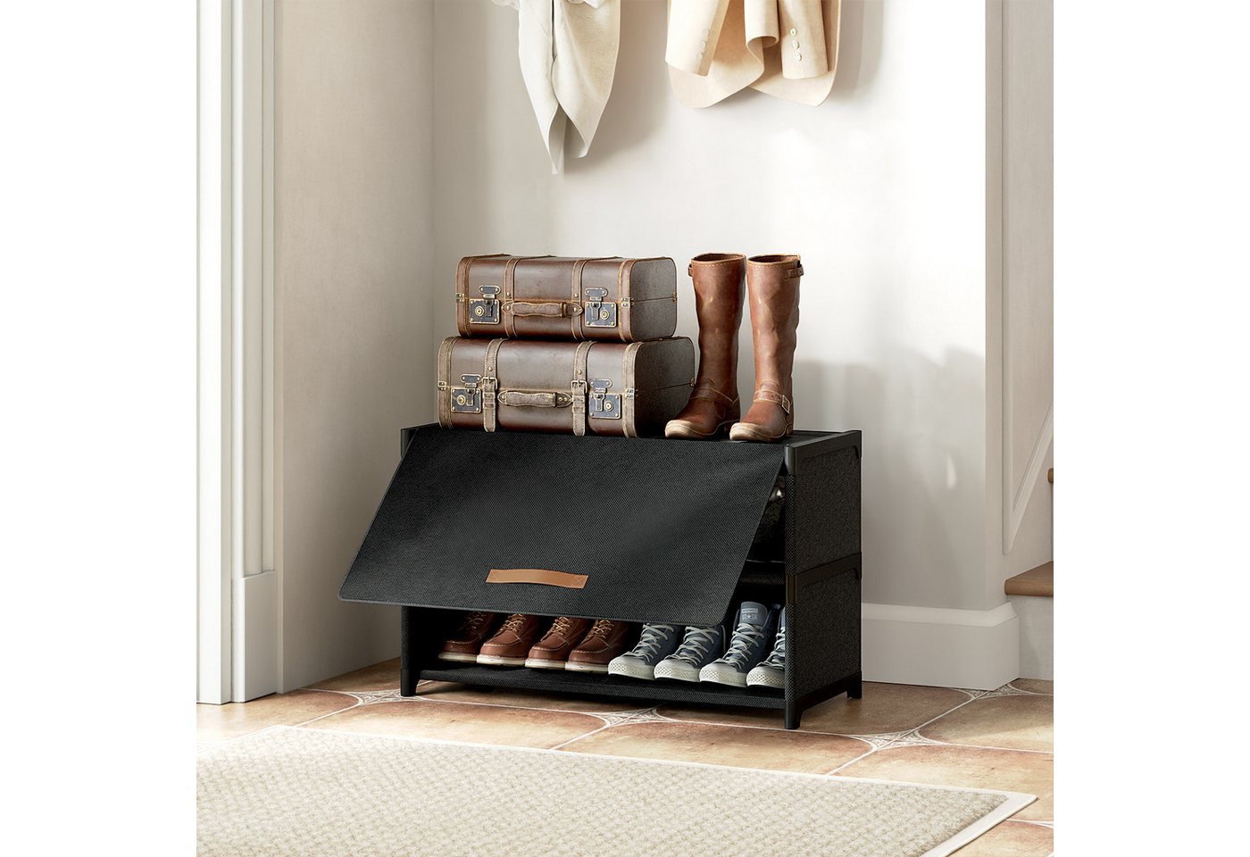 FABATO Schuhschrank Kunststoff-Schuhorganizer, Schuhschrank mit Tür in Schwarz (1-St) 3-stufiger Schuhschrank mit Tür – Platz für 12 Paar Schuhe – Bild 2 von 5