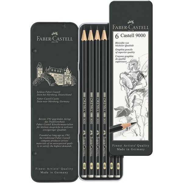 Faber-Castell Bleistift CASTELL 9000, (6-tlg), Härtegrade: HB, B, 2B, 4B, 6B, 8B, im Metalletui