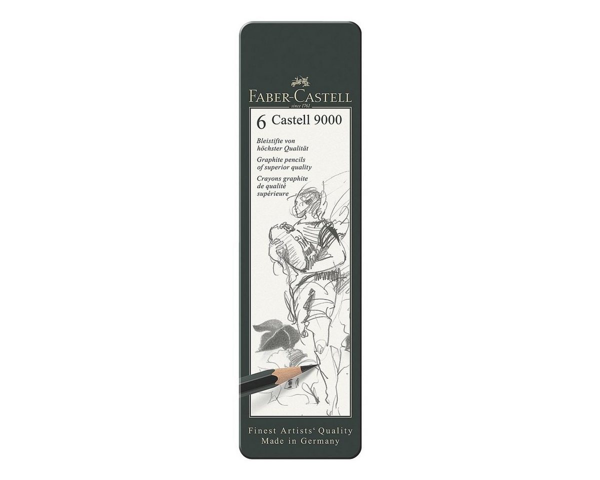 Faber-Castell Bleistift CASTELL 9000, (6-tlg), Härtegrade: HB, B, 2B, 4B, 6B, 8B, im Metalletui – Bild 2 von 4