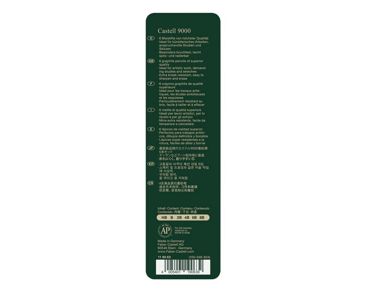 Faber-Castell Bleistift CASTELL 9000, (6-tlg), Härtegrade: HB, B, 2B, 4B, 6B, 8B, im Metalletui – Bild 3 von 4
