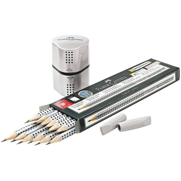 Faber-Castell Bleistift Grip 2001, (15-tlg), Sonderset inkl. Radierkappen und Spitzdose, HB (mittelweich), Dreikant