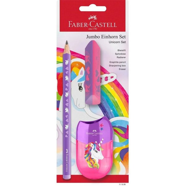 Faber-Castell Bleistift Schreibset Einhorn Jumbo Bleistift mit Radierer und Spitzer, Bruchgeschützte Mine durch SV Spezialverleimung