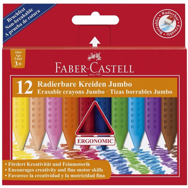 Faber-Castell Wachsmalstift Radierbare Kreide JUMBO ergonomische Dreikantform 12 Kreiden farbig im