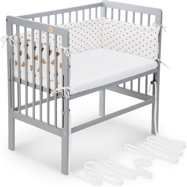 FabiMax Beistellbett Babybett Boxspring grau, 90 x 55 cm Liegefläche, aus Buchenholz, Stufenlos höhenverstellbar 40-73 cm, Holz-Lattenrost
