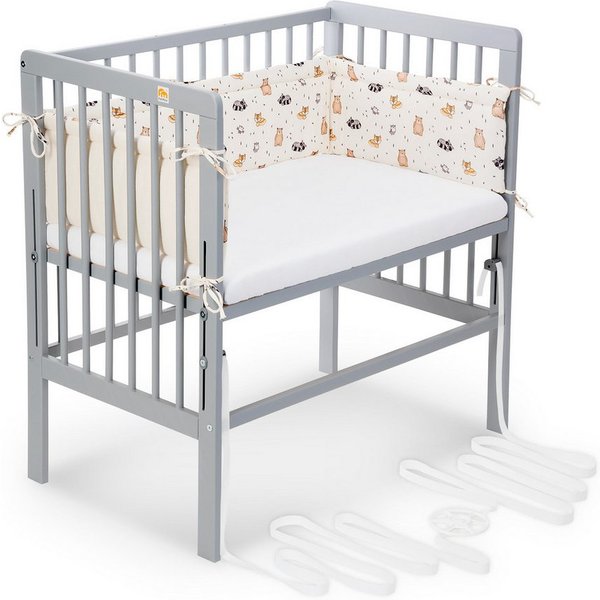 FabiMax Beistellbett Babybett Boxspring grau, 90 x 55 cm Liegefläche, aus Buchenholz, Stufenlos höhenverstellbar 40-73 cm, Holz-Lattenrost