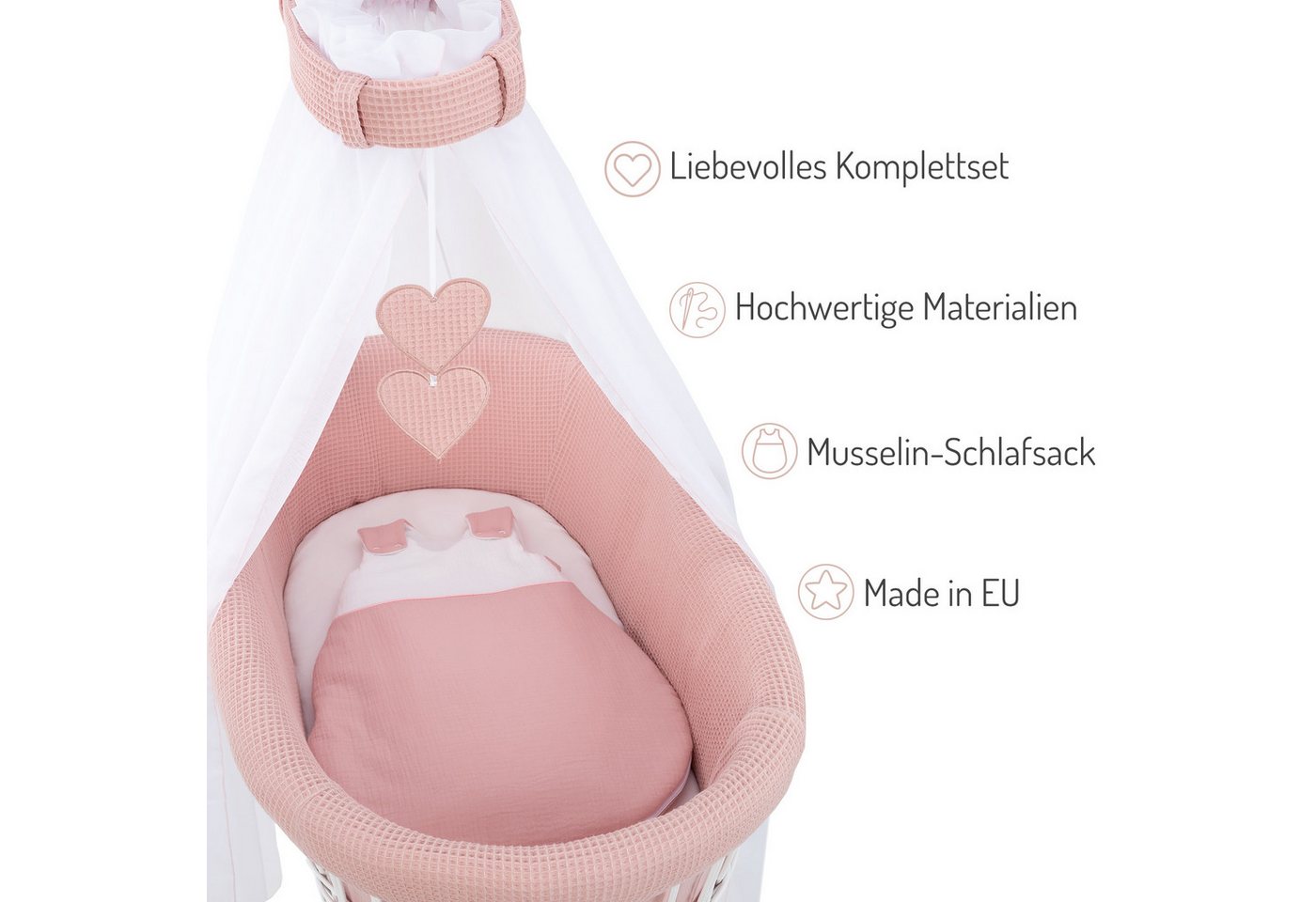 FabiMax Stubenwagen grau lackiert, Komplettset, Musselin & Waffelpiqué, Inkl. Matratze, Nestchen & Schlafsack – Bild 3 von 4