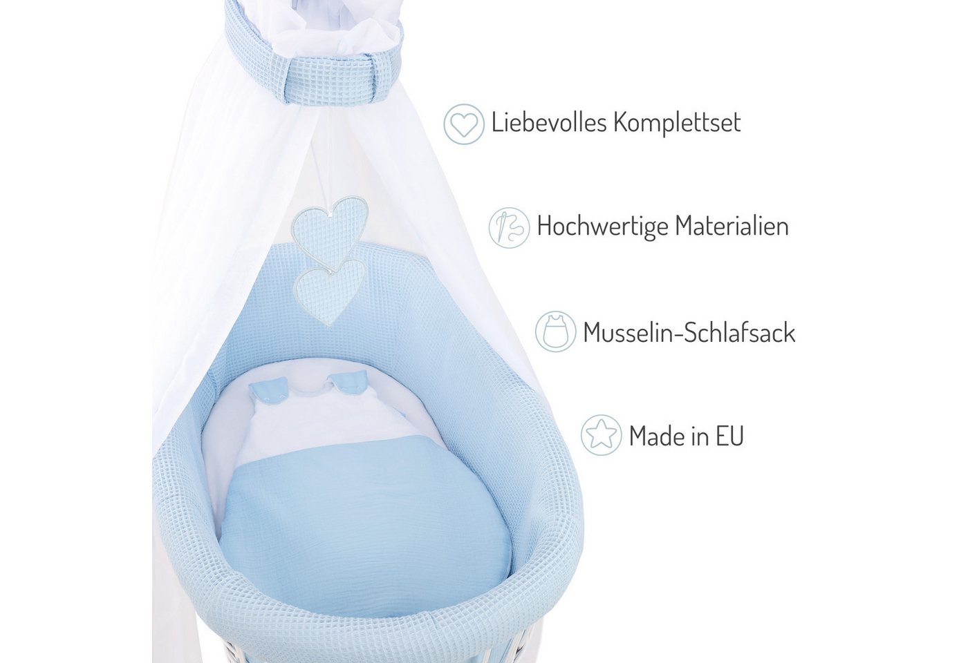 FabiMax Stubenwagen grau lackiert, Komplettset, Musselin & Waffelpiqué, Inkl. Matratze, Nestchen & Schlafsack – Bild 3 von 4