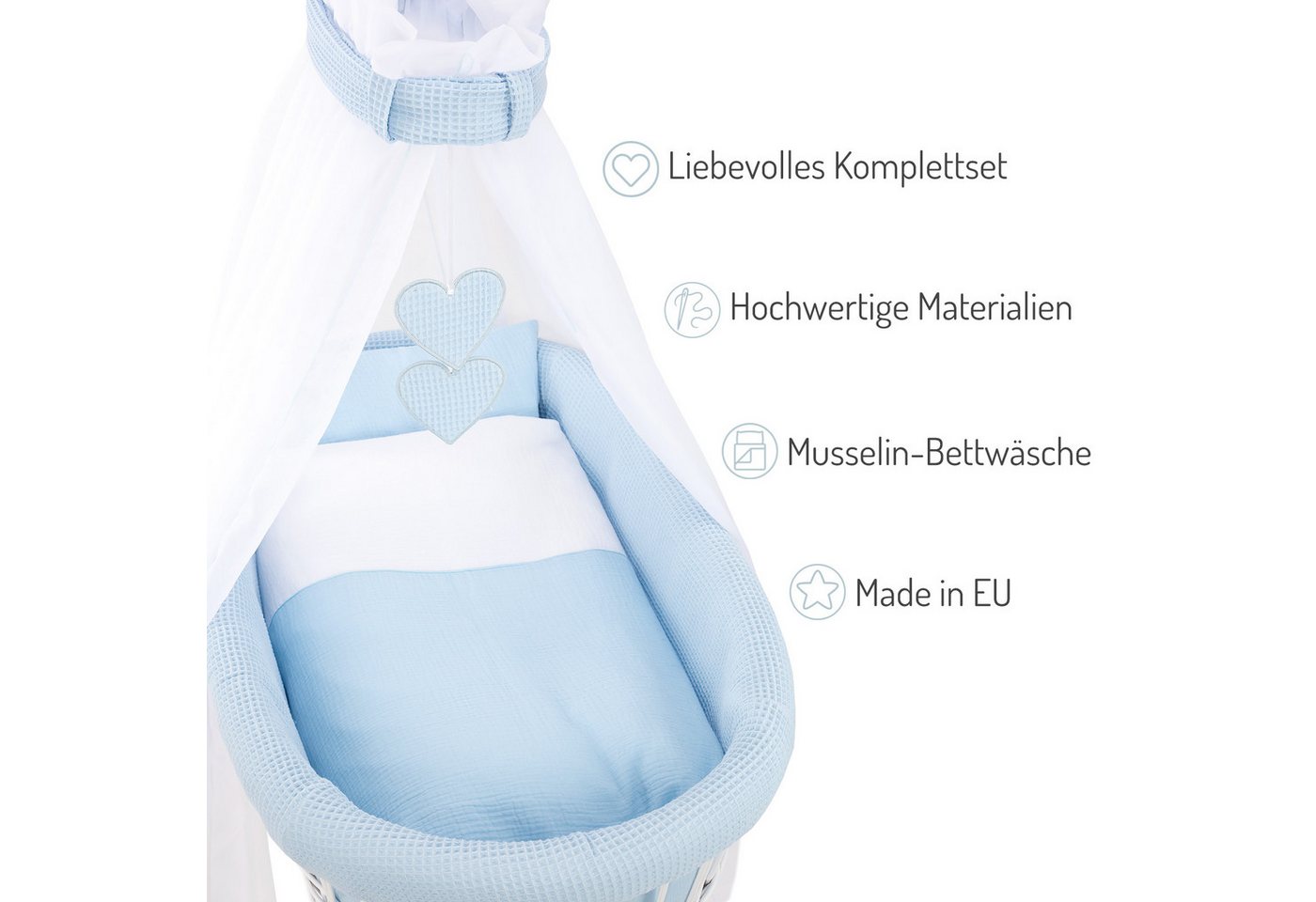 FabiMax Stubenwagen grau lackiert, Komplettset, Musselin & Waffelpiqué, Inkl. Matratze, Nestchen, Decke & Kissen – Bild 3 von 3