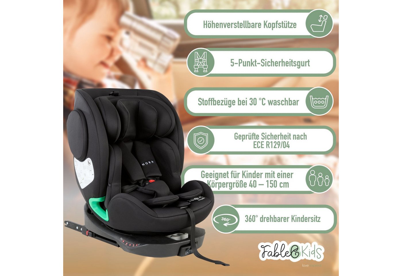 FableKids Autokindersitz Autositz Kinderautositz 360° drehbar Isofix 40-150 cm, ab: Geburt, bis: ca. 12 Jahre, ab: 40 cm, bis: 150 cm – Bild 3 von 5