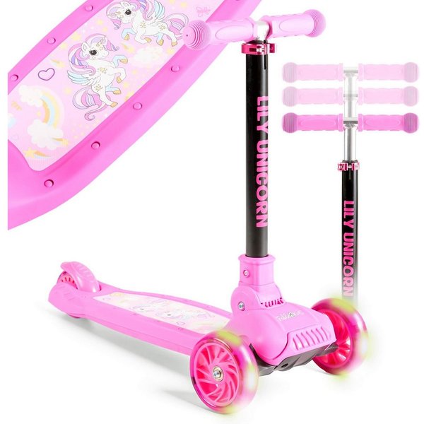 FableKids Tretroller Cityroller Kickroller, LED-Räder, Tritt-Bremse, bis 50 kg belastbar, faltbar höhenverstellbar Rücktrittbremse