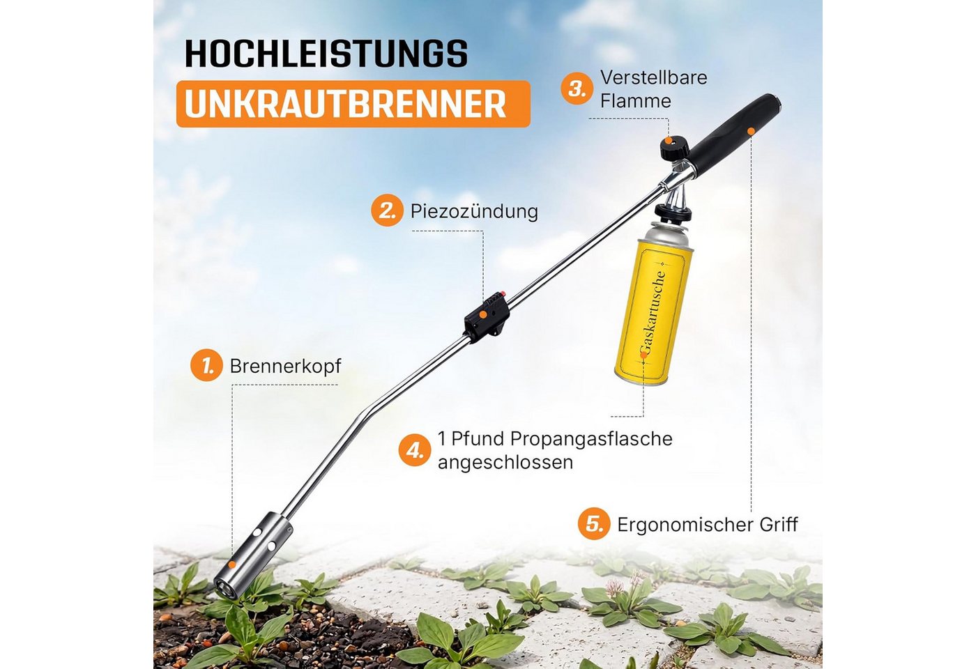Fabona Unkrautbrenner Unkrautvernichter, 1100 °C maximal, (8-tlg., mit Piezozündung – professionelles Abflammgerät), inkl. 8-Gas-Kartusche – Bild 2 von 5