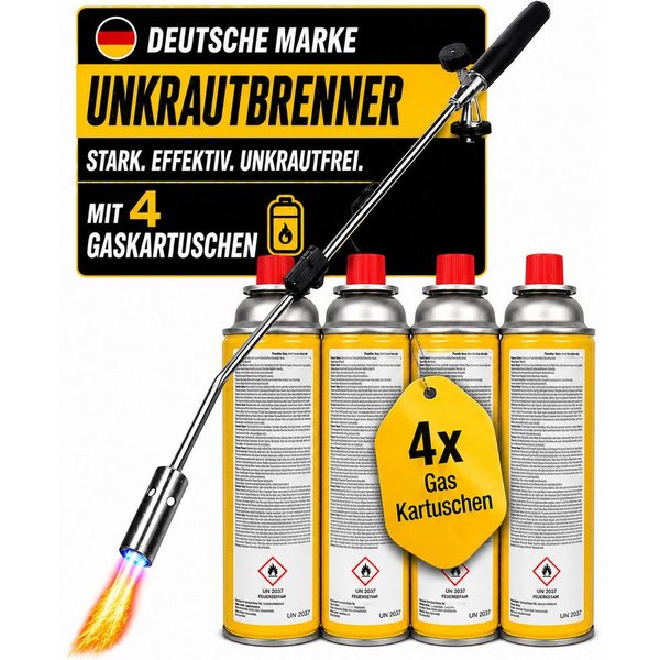 Fabona Unkrautbrenner Unkrautvernichter, 1100 °C maximal, (4-tlg., mit Piezozündung – professionelles Abflammgerät), inkl. 4-Gas-Kartusche