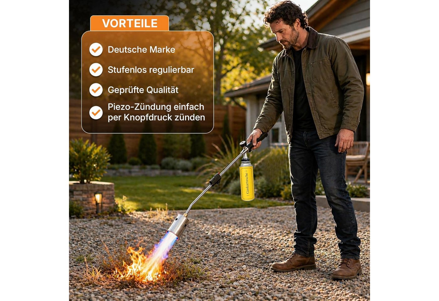 Fabona Unkrautbrenner Unkrautvernichter, 1100 °C maximal, (4-tlg., mit Piezozündung – professionelles Abflammgerät), inkl. 4-Gas-Kartusche – Bild 5 von 5