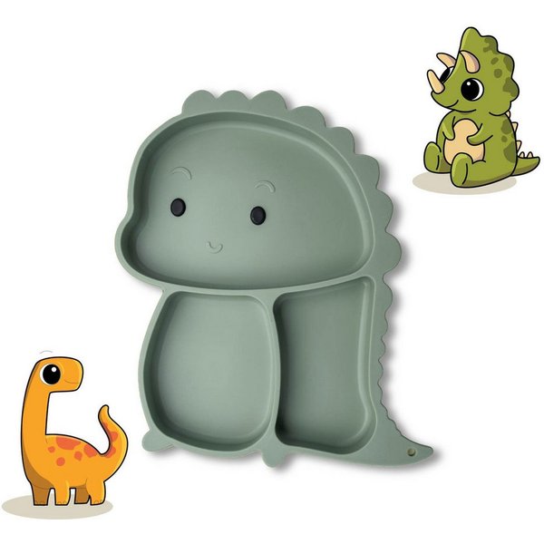 FACKELMANN Kindergeschirr-Set Teller mit Saugnapf, Dino-Design, Kinderteller, Rutschfester Teller