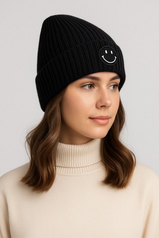 Faera Strickmütze Mit Smiley, Rippenstrick, weiches für Damen (1-St., modisch) Normal Fit Zeichen elastisch Ohne Verschluss Casual-Style – Bild 3 von 4