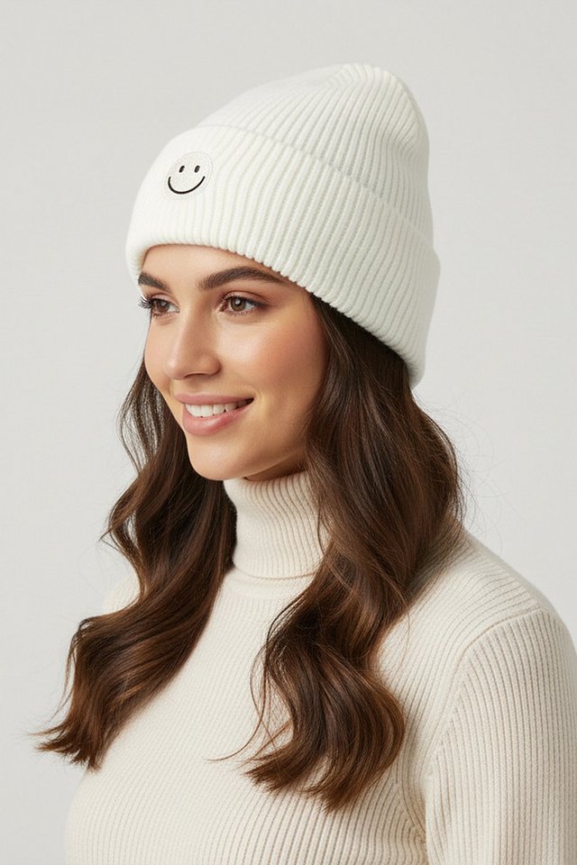 Faera Strickmütze Mit Smiley, Rippenstrick, weiches für Damen (1-St., modisch) Normal Fit Zeichen elastisch Ohne Verschluss Casual-Style – Bild 3 von 4