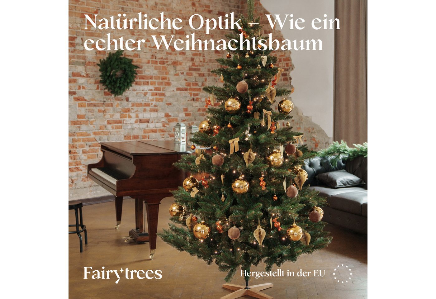 Fairytrees Künstlicher Weihnachtsbaum FT14, Nordmanntanne, grüner Stamm, mit Echtholz Baumständer – Bild 2 von 5