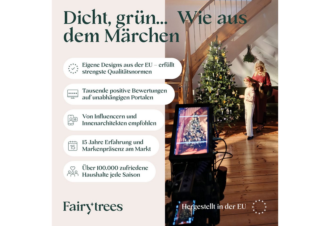 Fairytrees Künstlicher Weihnachtsbaum FT14, Nordmanntanne, grüner Stamm, mit Echtholz Baumständer – Bild 4 von 5