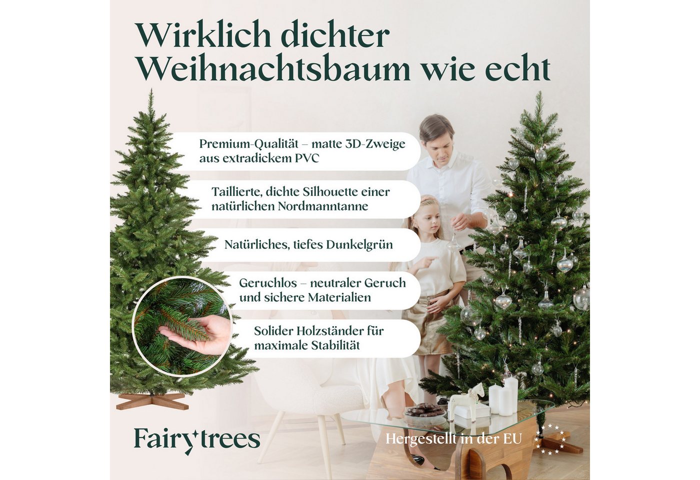 Fairytrees Künstlicher Weihnachtsbaum FT14, Nordmanntanne, grüner Stamm, mit Echtholz Baumständer – Bild 5 von 5