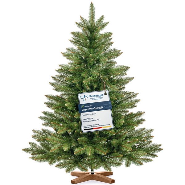 Fairytrees Künstlicher Weihnachtsbaum FT14, Nordmanntanne, grüner Stamm, mit Echtholz Baumständer