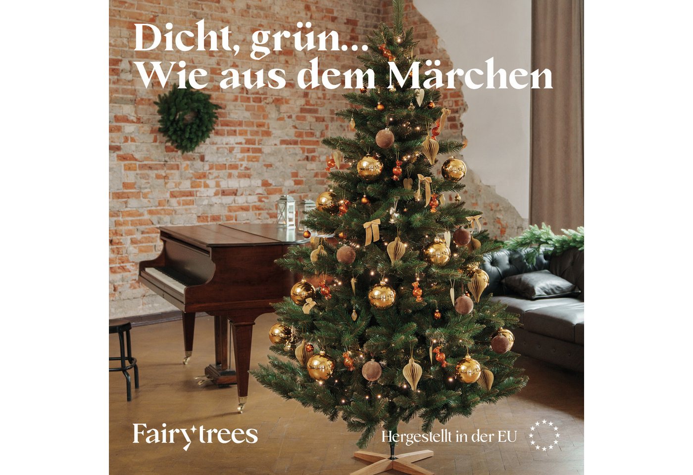 Fairytrees Künstlicher Weihnachtsbaum FT14, Nordmanntanne, grüner Stamm, mit Echtholz Baumständer – Bild 3 von 5