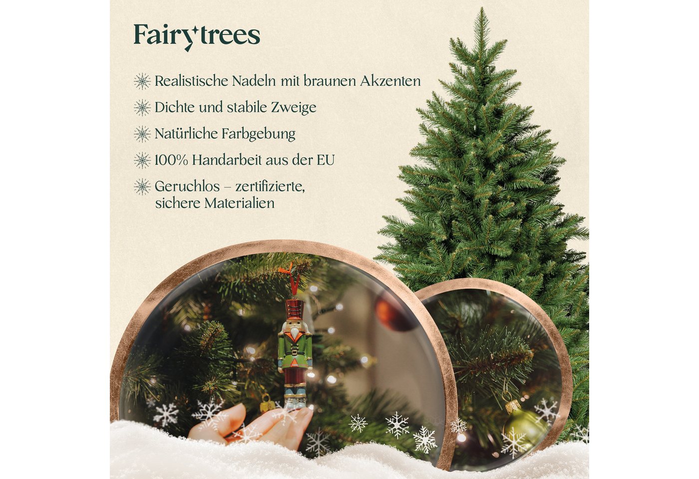 Fairytrees Künstlicher Weihnachtsbaum FT14, Nordmanntanne, grüner Stamm, mit Echtholz Baumständer – Bild 4 von 5
