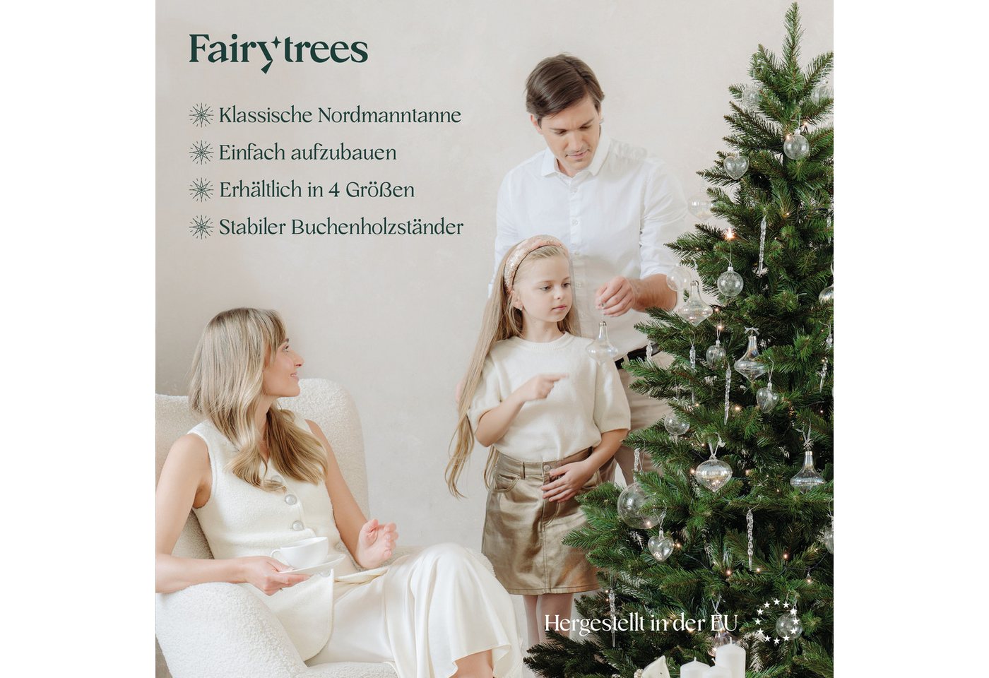 Fairytrees Künstlicher Weihnachtsbaum FT14, Nordmanntanne, grüner Stamm, mit Echtholz Baumständer – Bild 5 von 5