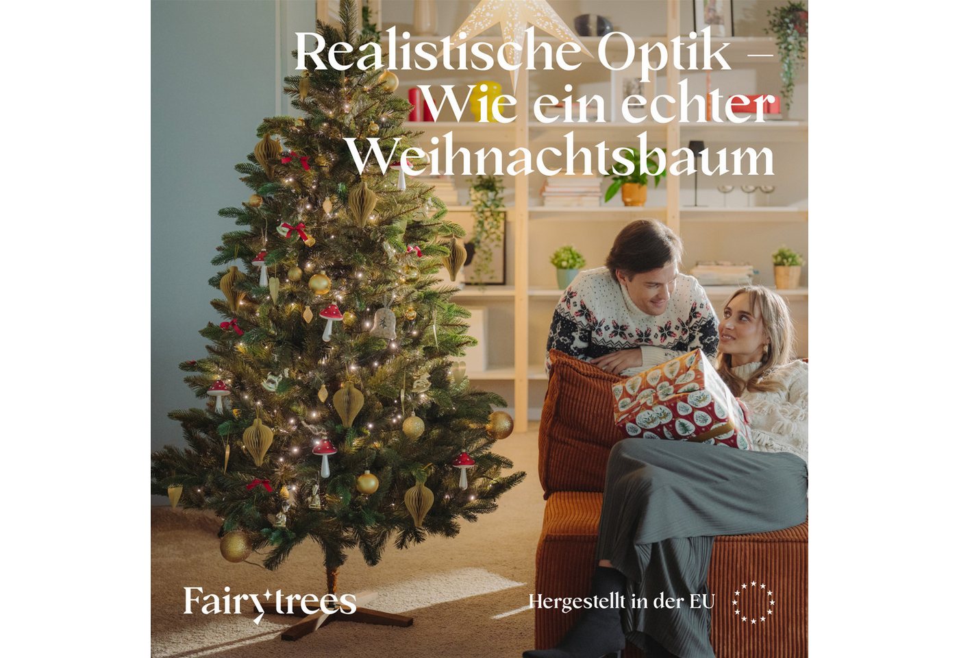 Fairytrees Künstlicher Weihnachtsbaum FT29, Nordmanntanne Premium, mit braunem Stamm und Echtholz Baumständer – Bild 2 von 5