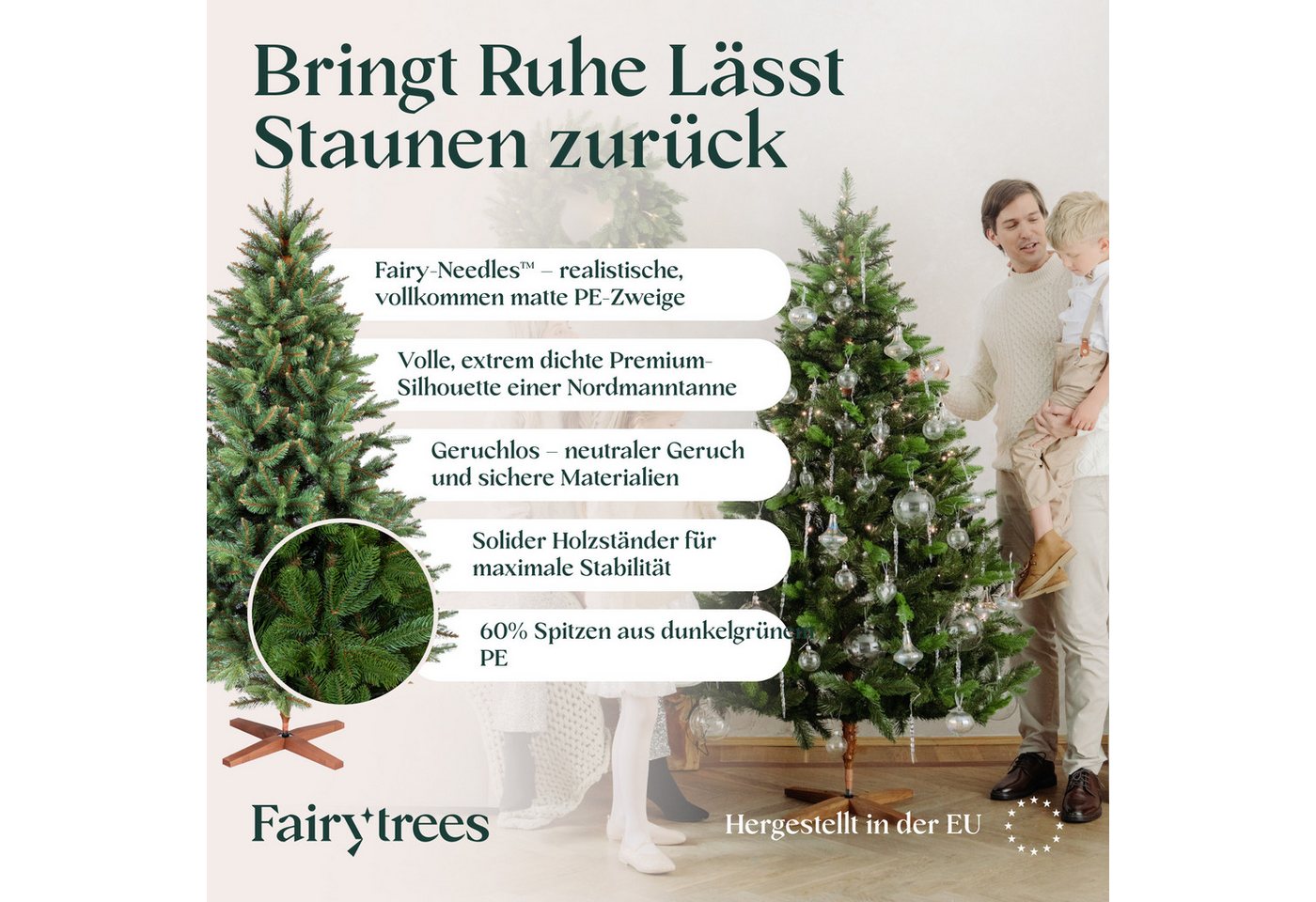 Fairytrees Künstlicher Weihnachtsbaum FT29, Nordmanntanne Premium, mit braunem Stamm und Echtholz Baumständer – Bild 4 von 5