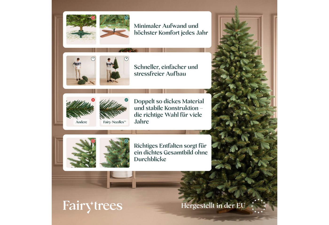 Fairytrees Künstlicher Weihnachtsbaum FT29, Nordmanntanne Premium, mit braunem Stamm und Echtholz Baumständer – Bild 5 von 5