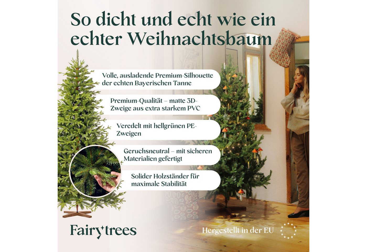 Fairytrees Künstlicher Weihnachtsbaum FT32, Bayerische Tanne Premium, BAYERISCHE Tanne Premium, Made in EU, Christbaum Holzständer – Bild 4 von 5