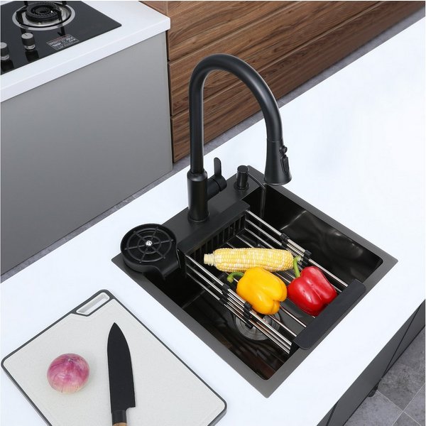 Faizee Home Edelstahlspüle Edelstahlspüle Küchenspüle Schwarz mit Armatur & Zubehör 45x45x21,5 cm