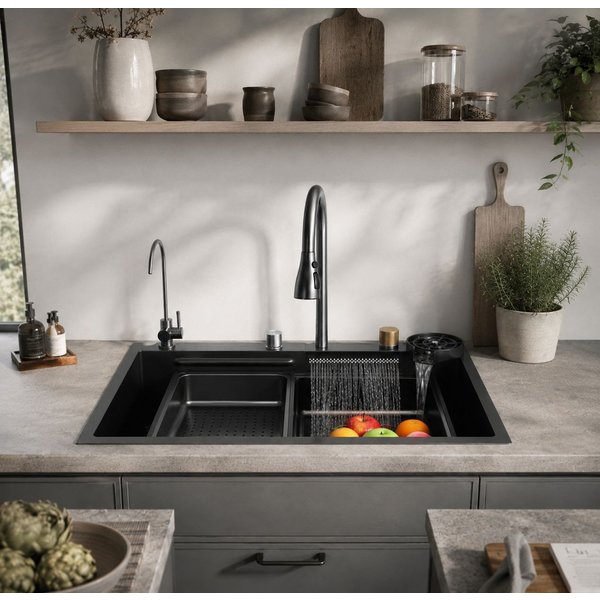 Faizee Home Einbauspüle Edelstahlspüle mit Wasserfall, Schalldämmung, 4-fach Armatur