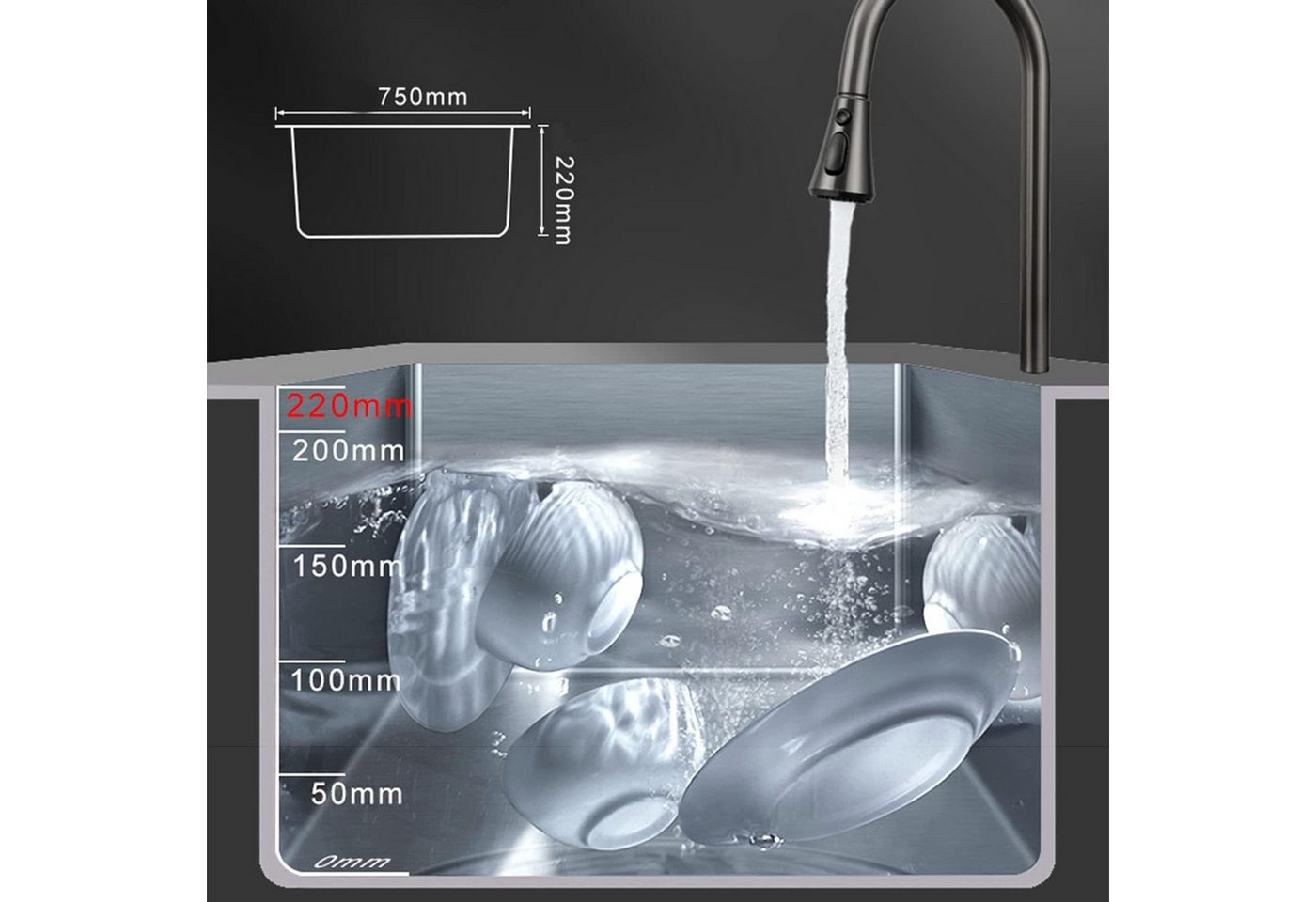 Faizee Home Küchenspüle Nano Innovative Wasserfall Geschirrspülbecken 75 x 45 cm mit Armatur – Bild 5 von 5