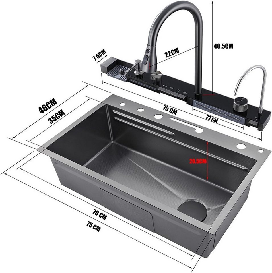 Faizee Home Küchenspüle Küchenspüle Nano Wasserfall Geschirrspülbecken 75x45 cm mit Armatur – Bild 3 von 5