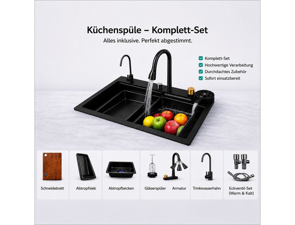 Faizee Home Küchenspüle Küchenspüle Wasserfall-Küchenspüle Neom 75x46 cm, 46/22.5 cm – Bild 2 von 5