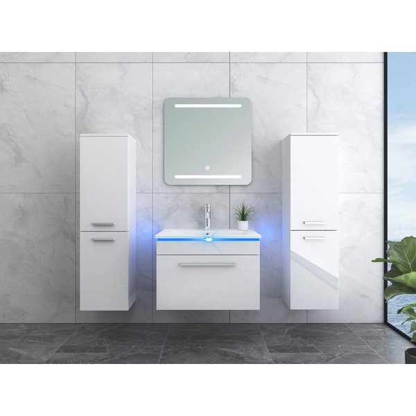 Faizee Möbel Badmöbel-Set Temur Set-Klassik-Hochglanz-60-weiß - wählbar, (Komplett-Set, 5-St), LED-Spiegel mit Touch Badmöbel-Set VORMONTIERT Hochglanz lackiert